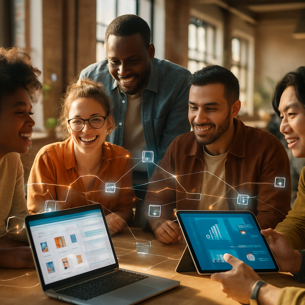 A candid cinematic photograph of diverse entrepreneurs and creators collaborating in a sunlit modern coworking loft They are gathered around a large t-1