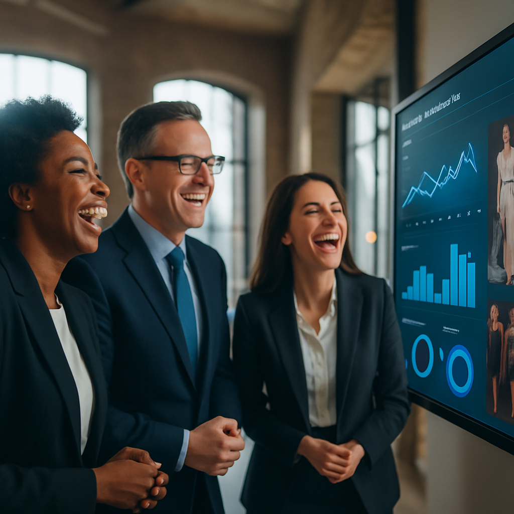 A candid cinematic shot of three diverse sharpdressed executives two women one man laughing while looking at a large wallmounted touch screen displayi-3