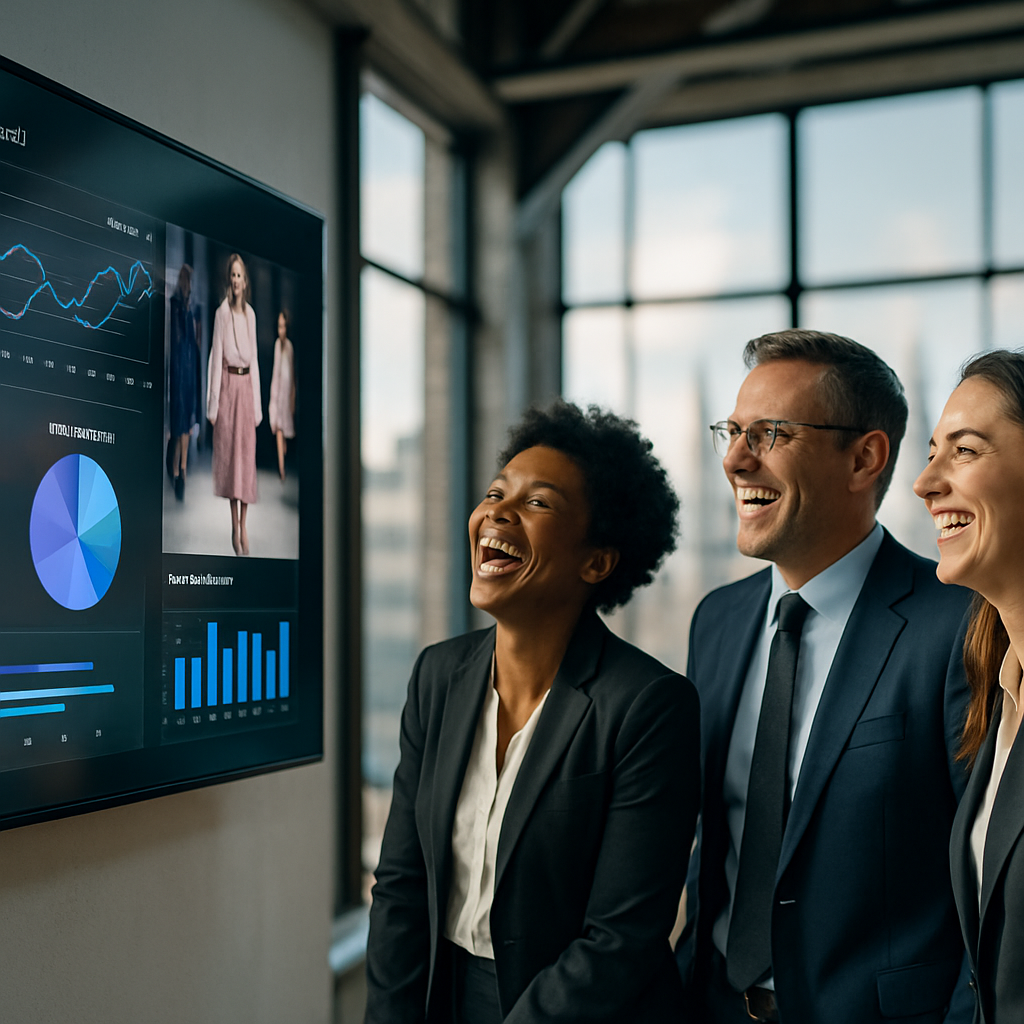 A candid cinematic shot of three diverse sharpdressed executives two women one man laughing while looking at a large wallmounted touch screen displayi-Dec-10-2025-06-16-56-6746-AM