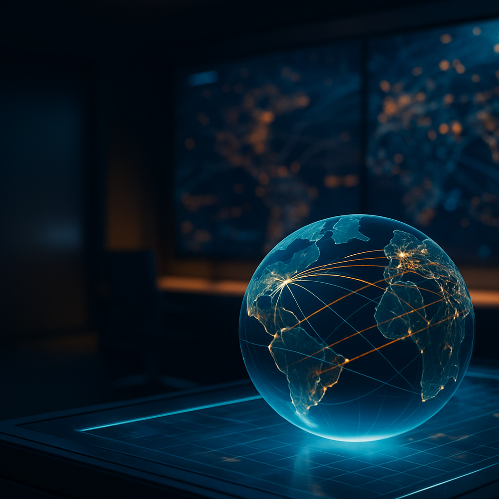 A cinematic photograph of a futuristic supply chain control center In the foreground a sleek illuminated glass interface table displays a holographic