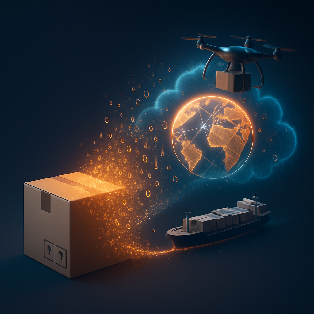 A conceptual illustration showing a physical cardboard shipping box dissolving into a stream of digital binary code and light particles that form a gl-1