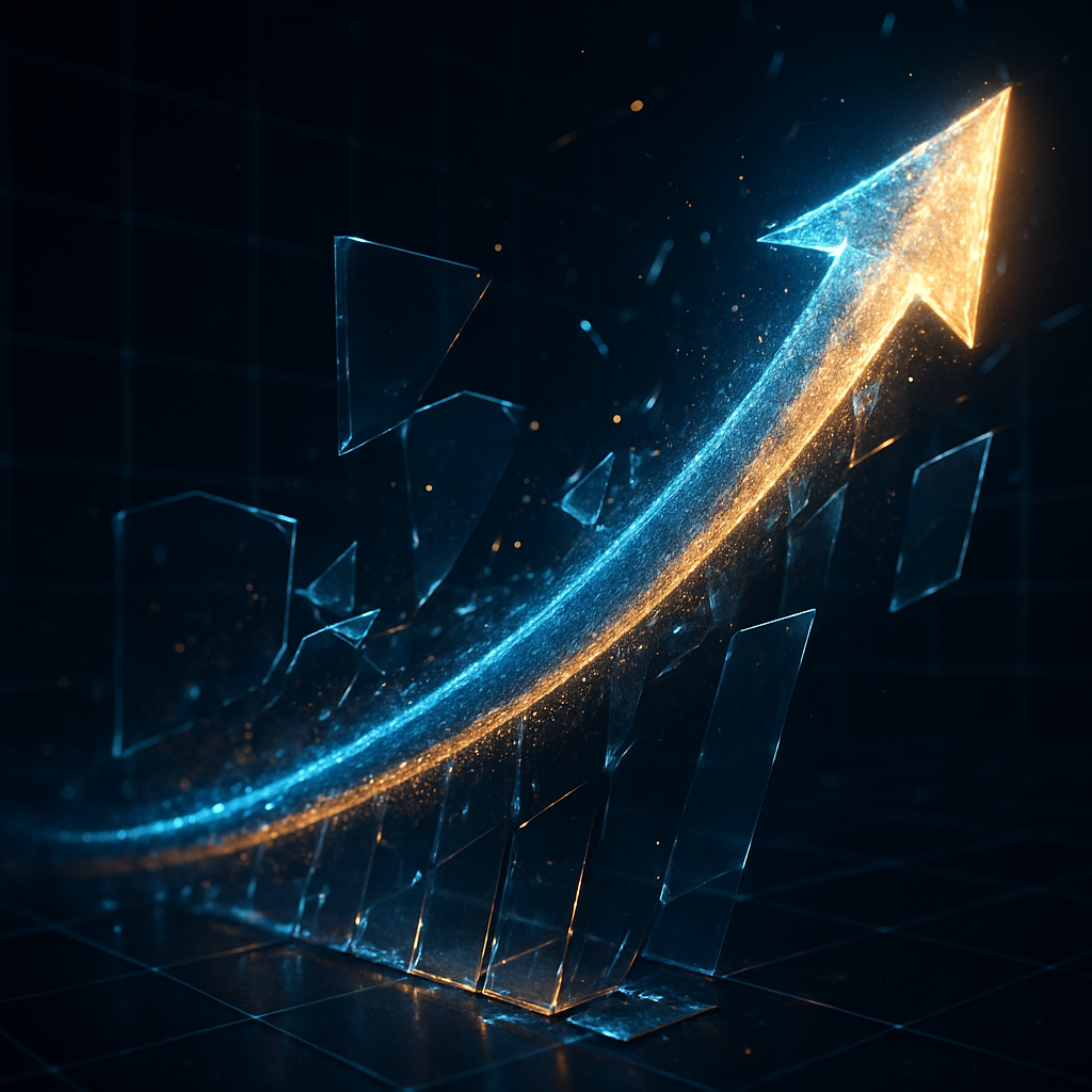 A dynamic 3D data visualization of a rapidly rising trend line An arrow shape formed by glowing blue and gold light particles and digital trails is ac