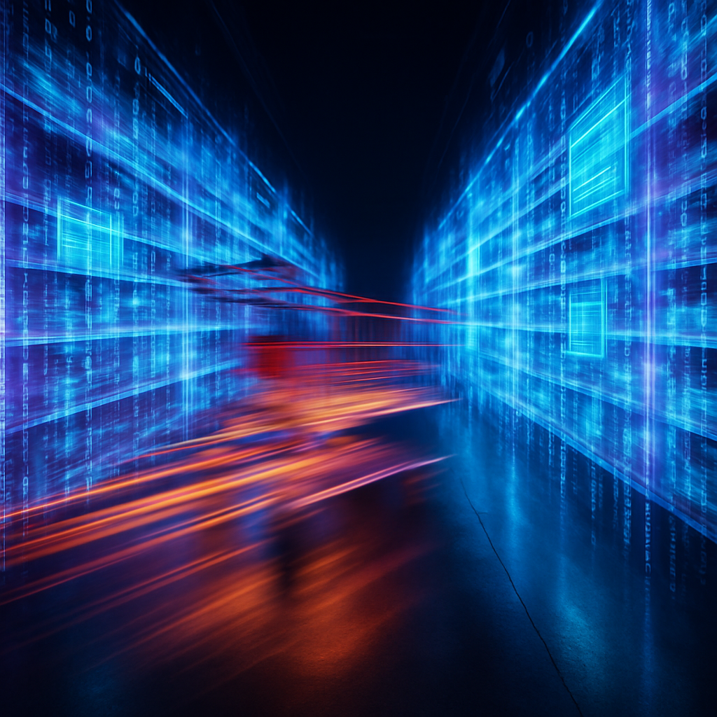 A dynamic longexposure photograph inside a futuristic retail aisle A shopping cart is moving so fast it is blurred into streaks of light The physical