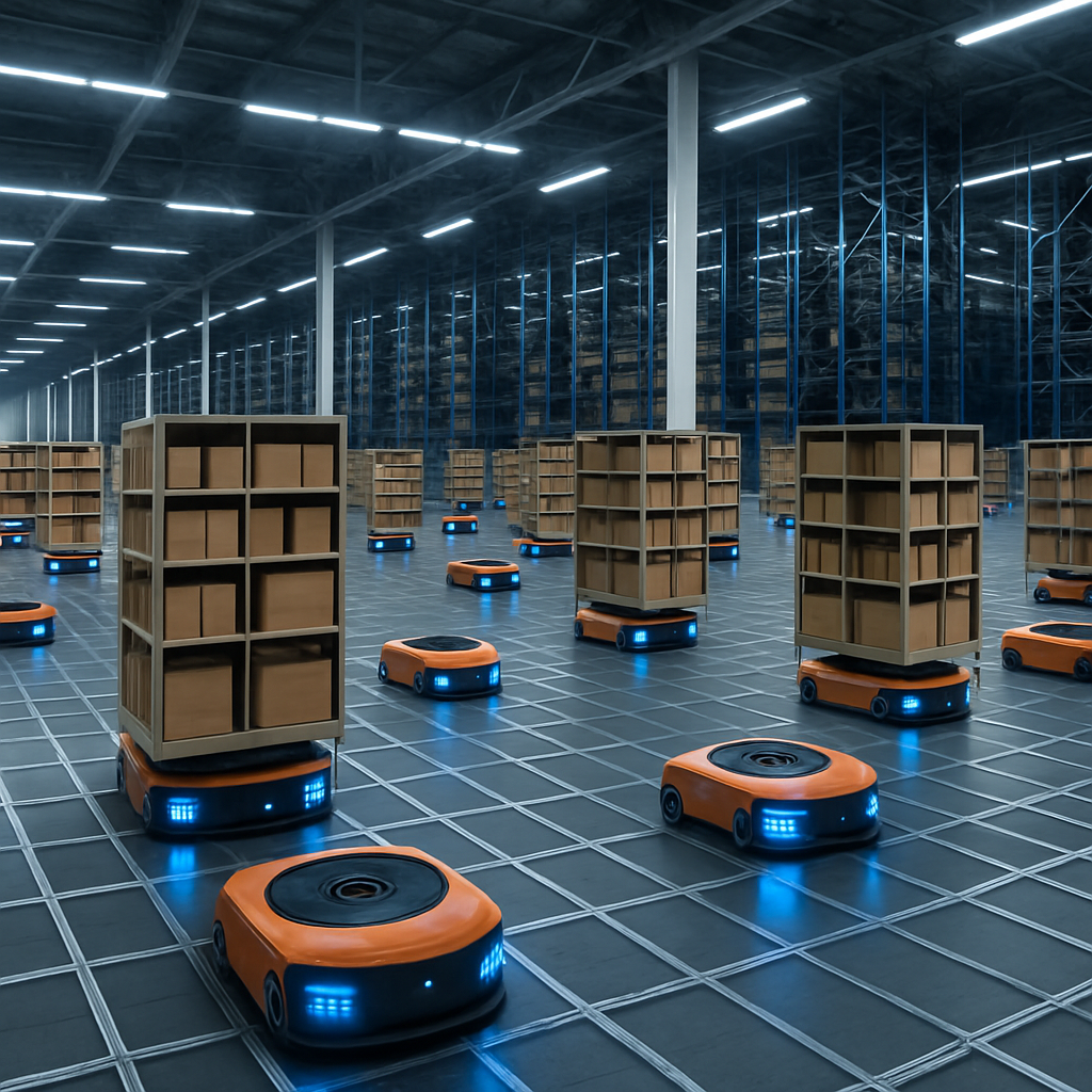 A wideangle landscape photograph inside a massive ultramodern automated fulfillment center Hundreds of autonomous mobile robots AMRs with glowing blue-1