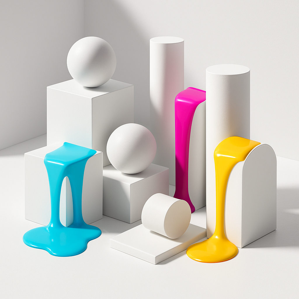 Abstract 3D composition of pure white geometric shapes cubes spheres cylinders arranged artistically in a white studio Vibrant streams of liquid color-1