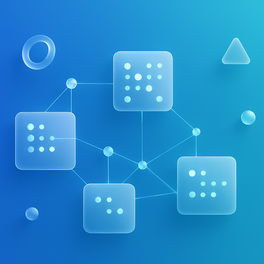 Abstract 3D visualization of interconnected data nodes glassmorphism texture floating geometric shapes soft gradient background in electric blue and t-1