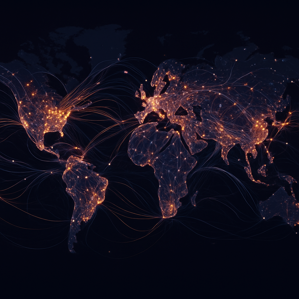 Abstract data visualization of a global eCommerce ecosystem Thousands of glowing nodes in warm oranges purples and teals represent sellers buyers and-1