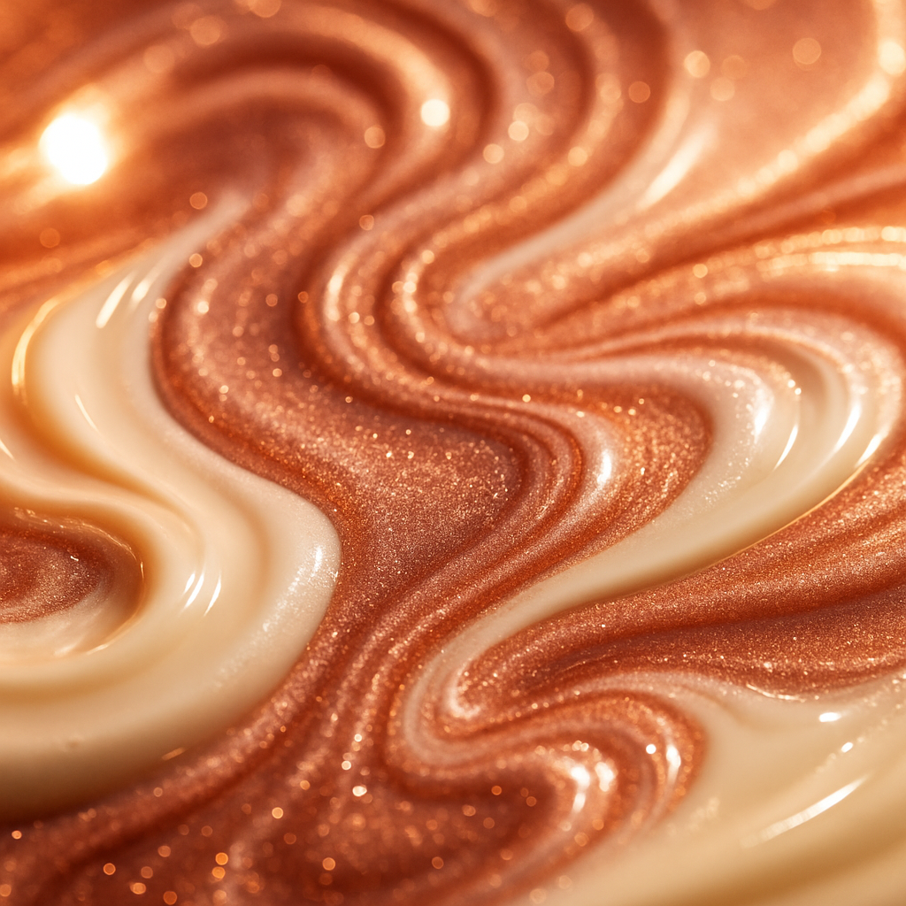 Abstract macro photography of luxury beauty textures Swirls of shimmering rose gold serums crushed pearl pigments and rich cream formulations flowing-1