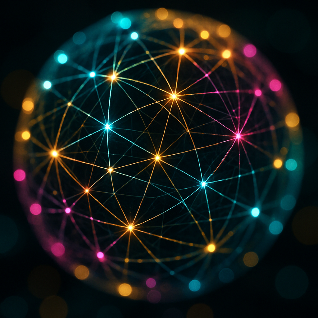 Macro photography of an intricate glowing web of fine fiber optic filaments forming a complex spherical network Points of light in cyan gold and magen-1