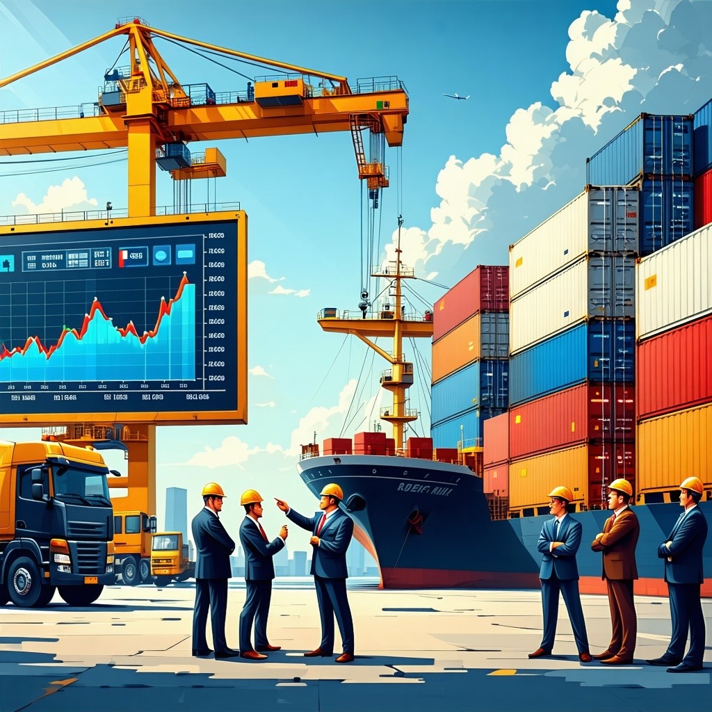 The image depicts a bustling global trade center showcasing various shipping containers stacked high in vibrant colors representing different countries In the foreground a diverse group of business professionals wearing suits and hard hats engage in