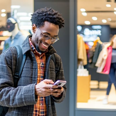 someone happy to be using their mobile phone to shop