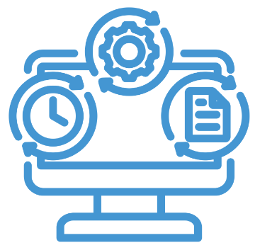 Picture of a computer with a time, paper, and sprocket symbols.