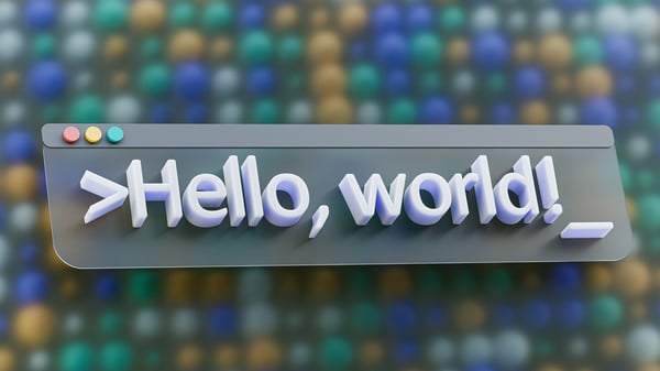 Hello World sign in a computer window.