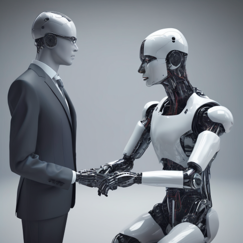 Two robots shaking hands, one in a suit and the other wearing nothing.  