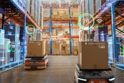 A wideangle landscape photograph inside a massive ultramodern automated fulfillment center Hundreds of autonomous mobile robots AMRs with glowing blue-1