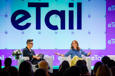 A dynamic 3D data visualization of a rapidly rising trend line An arrow shape formed by glowing blue and gold light particles and digital trails is ac