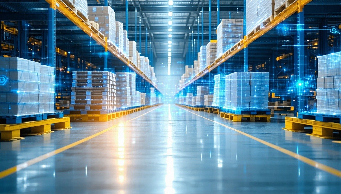 Photo of warehouse with pallets and products