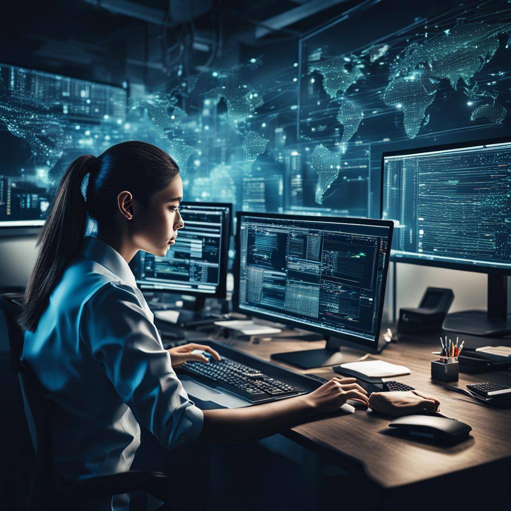 Woman working on a computer mitigating cybersecurity threats.  