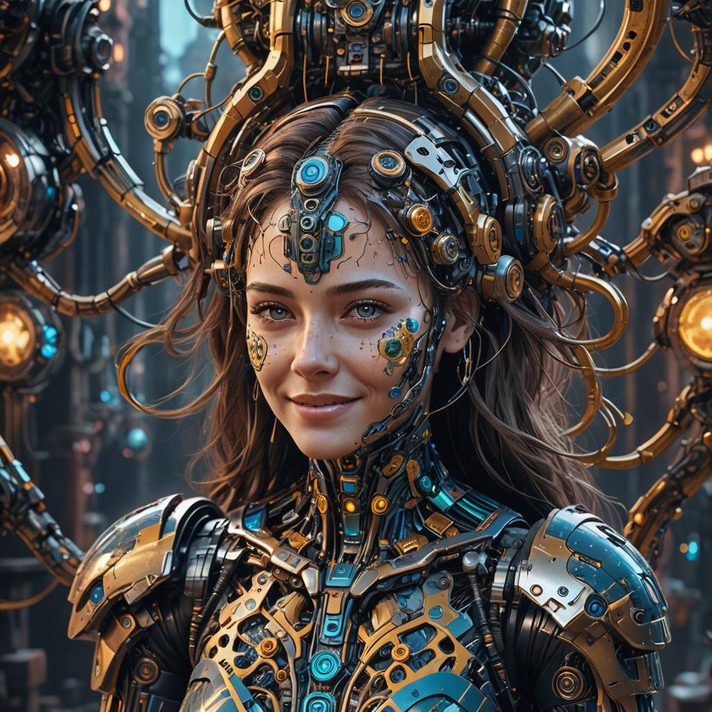 A picture of a woman who is part AI and part Human