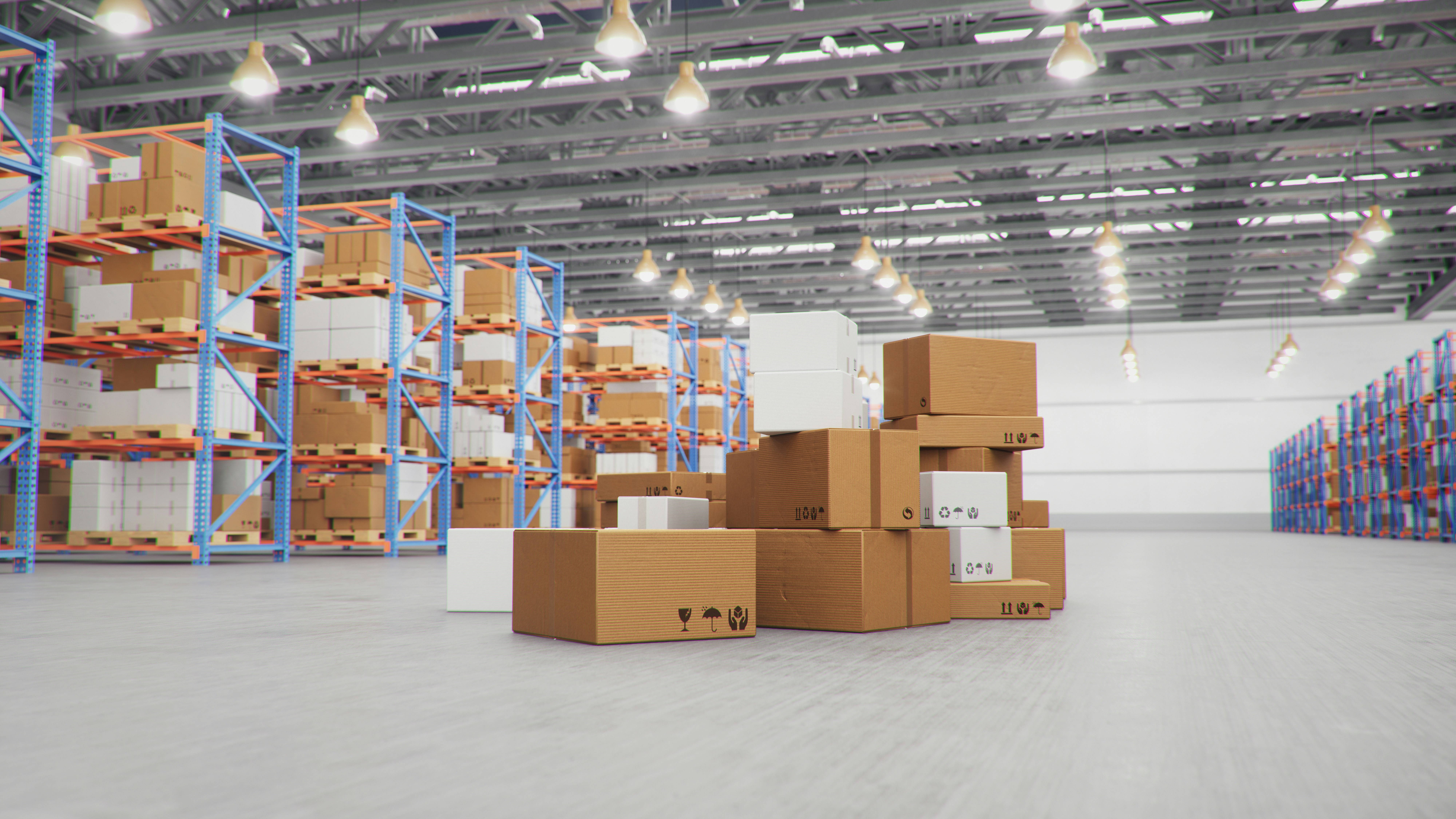 shipping boxes on a warehouse floor waiting to be picked up